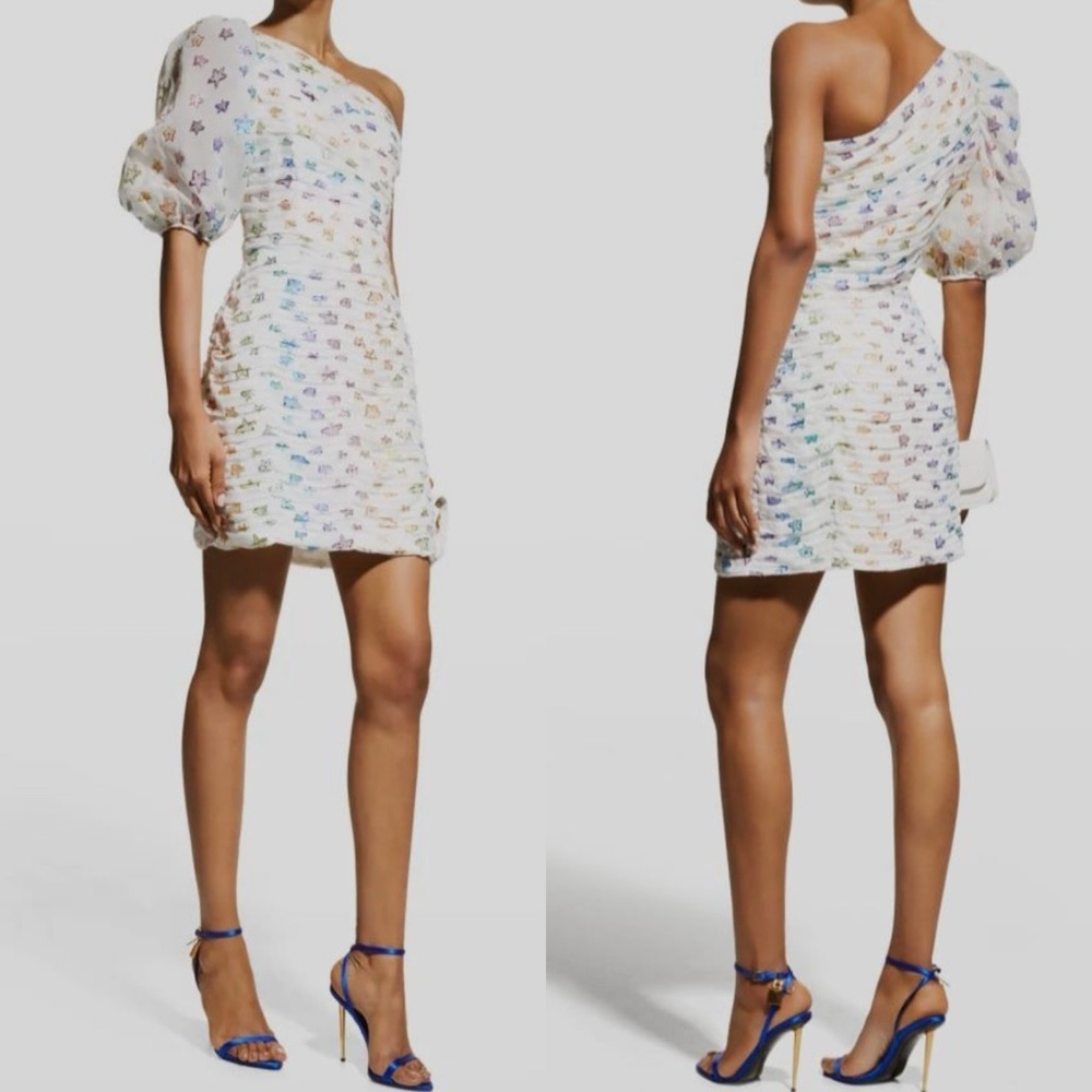 NWT $495 Shoshanna Women's White Ronnie Ruched Puff-Sleeve Mini Dress Size 2